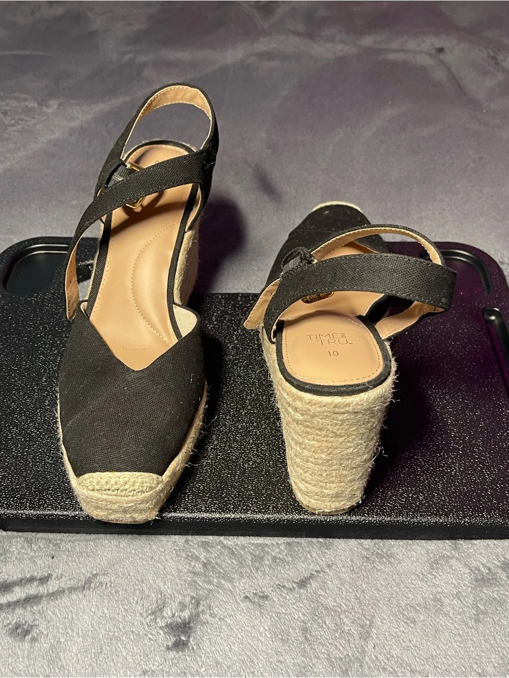 Time and Tru Black Espadrille Wedge Sandals with Jute Heel